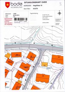 Situasjonskart over Høgflata 19 med adresse, målestokk, tegnforklaring og topografi.