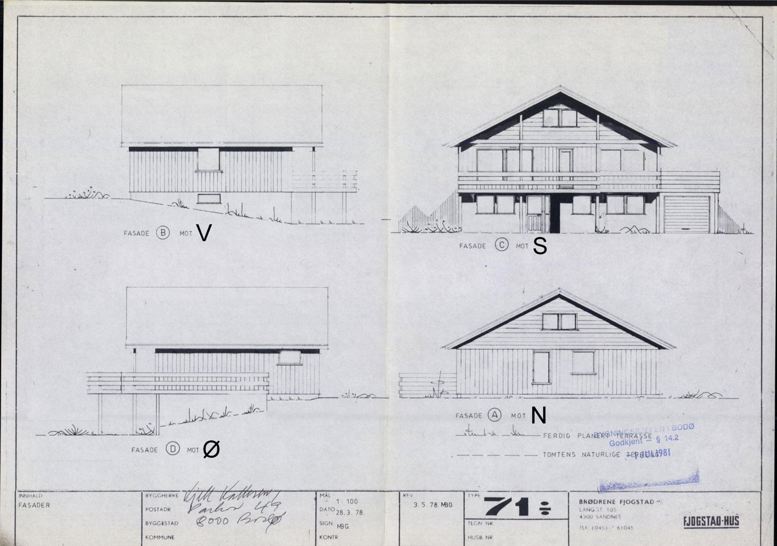 Bildet viser fire fasadetegninger (mot V, S, N og Ø) for en bygning, med tegningsnummer 71 og arkitektstempel.
