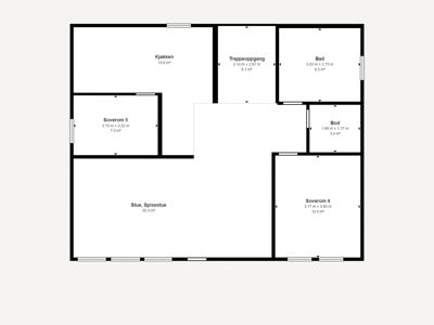Etasjeplan som viser romfordeling, romnavn (stue, kjøkken, soverom, bad) og arealer.