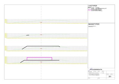 Tegning som viser lagtyper og masseprofiler for en bygning, med detaljerte målinger og konstruksjonsdata.