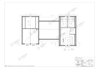 Etasjeplan (topplan) som viser romfordeling, vegger, dører og dimensjoner for en hytte.