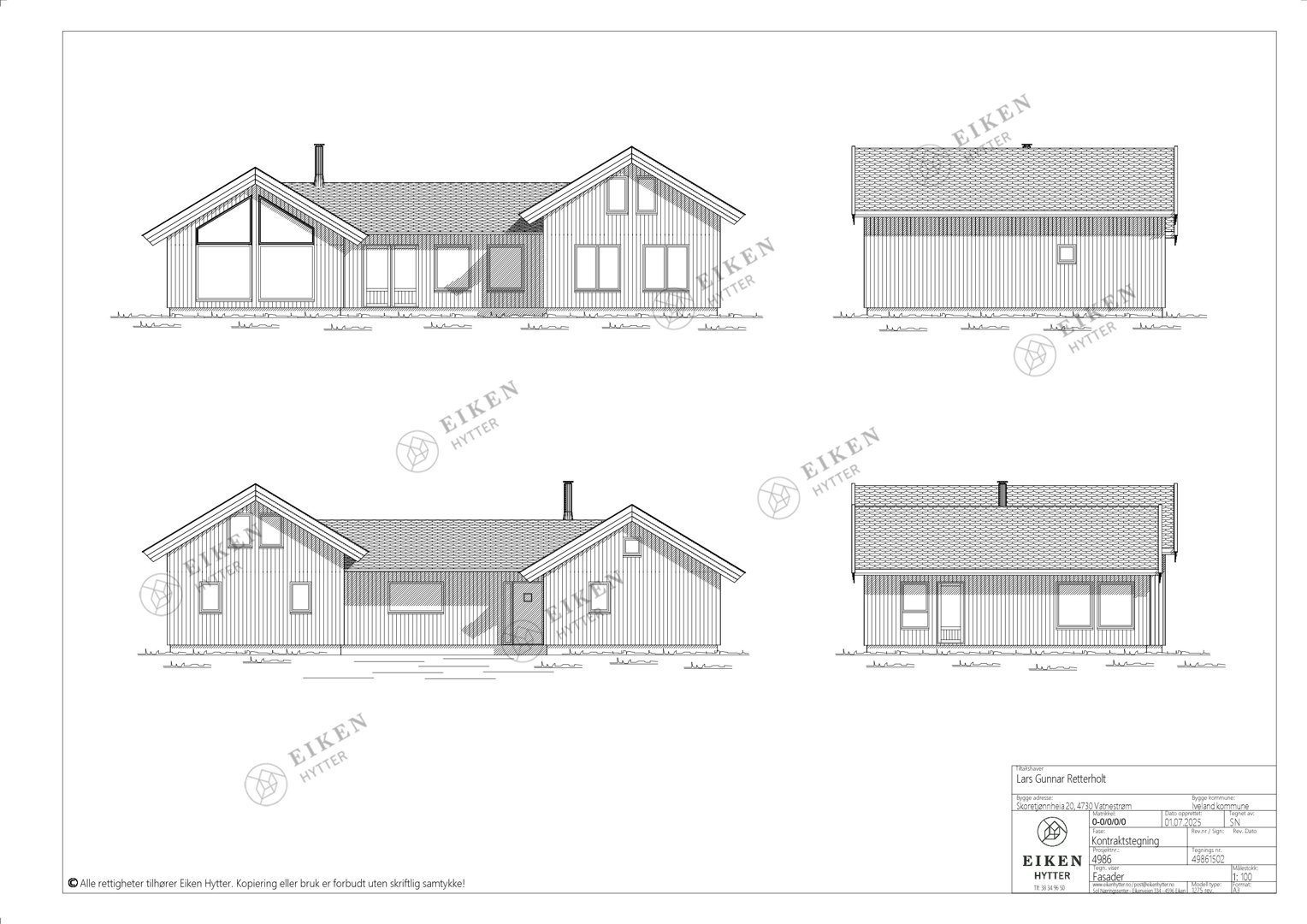 Fasadetegning som viser bygningens utsyn fra fire ulike vinkler (for, bak, venstre og høyre side).