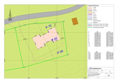 Situasjonsplan som viser eiendoms- og plangrenser, bebyggelse (P10, P20, P30), terrengform og vegforhold.