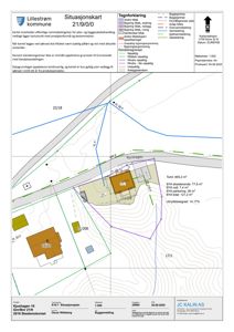 Situasjonskart som viser tomtens grenser, bygningers plassering og arealdata.
