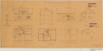 En tegningsserie som viser fasader, snitt og etasjeplaner for en bolig.