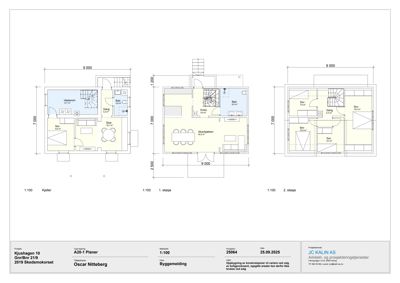Plantegning som viser romfordeling og dimensjoner for kjeller, 1. etasje og 2. etasje.