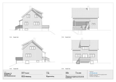 Fasadetegning som viser bygningens utsyn fra fire sider (Vest, Nord, Øst og Sør).