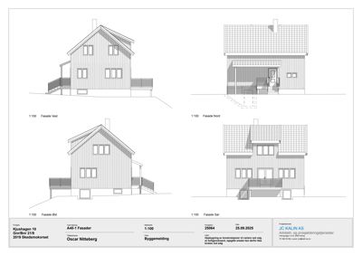 Fasadetegning som viser bygningens utseende fra fire sider (Vest, Nord, Øst og Sør).
