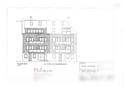 Fasadetegning av bygning på Nedre Blekeveien 16, med håndskrevne notater om glass-stueporthus.