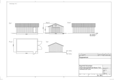 Fasadetegning som viser bygningens utsyn mot de fire hovedretningene (Øst, Nord, Vest og Sør) samt en planutsnitt.
