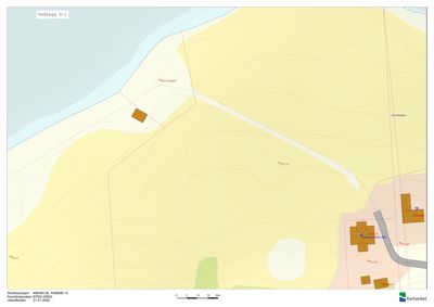 Situasjonsplan som viser tomtens beliggenhet i forhold til nabolag, vei, kystlinje og terrengforhold.