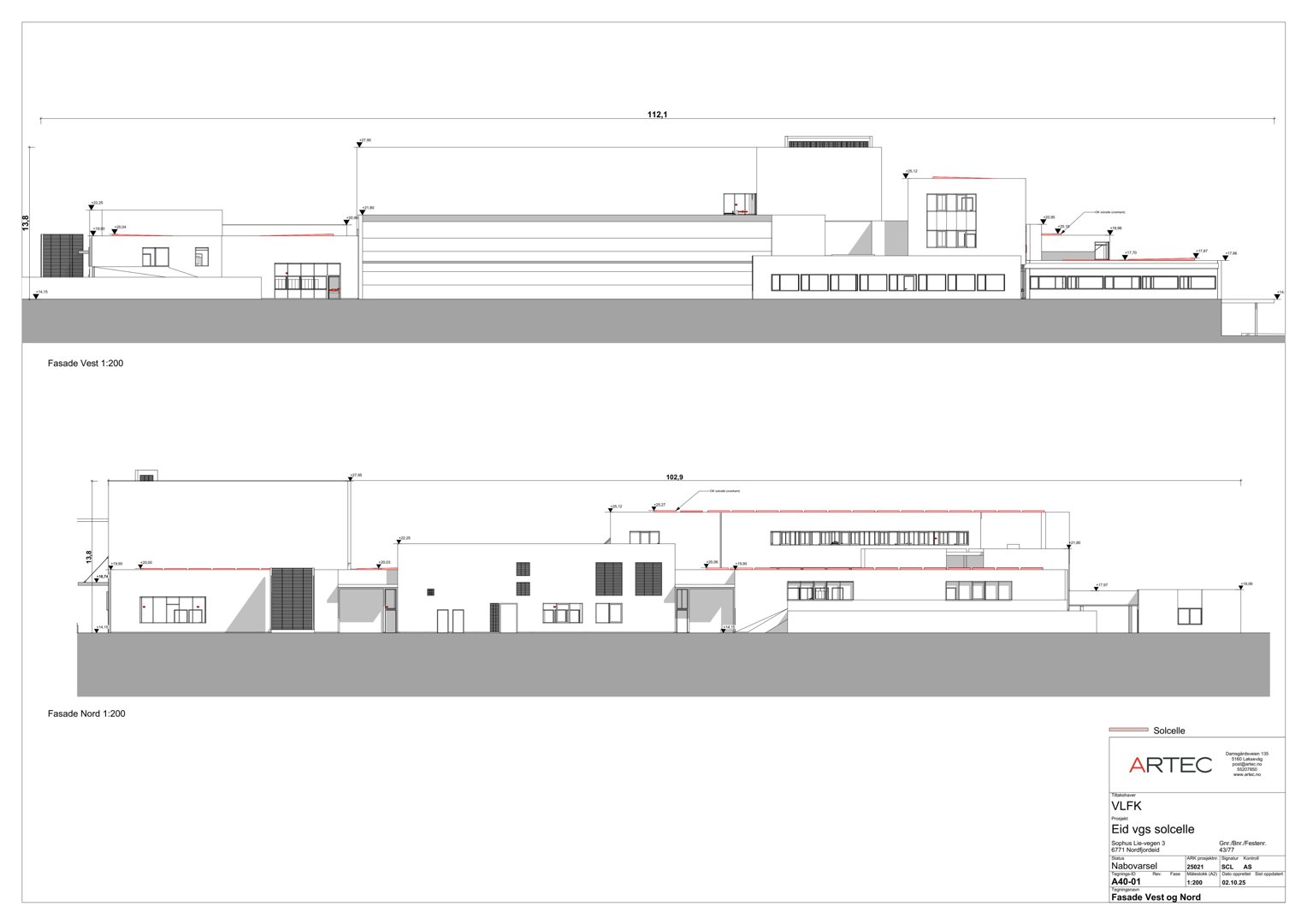 Fasadetegning som viser bygningens utseende sett fra nord og vest med mål og detaljer.
