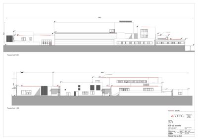 Fasadetegning som viser bygningens utseende sett fra nord og vest med mål og detaljer.