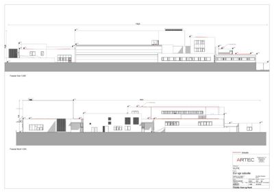 Fasadetegning som viser bygningens utseende sett fra nord og vest med mål og detaljer.