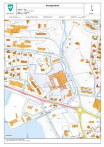 Situasjonskart som viser eiendomsnummer, adresse, dato, målestokk, nabolag, veier, vannløp og topografi.