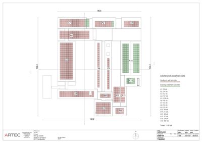 Tegning som viser plassering og antall solceller på taket (takplan) med dimensjoner og nøkkel.