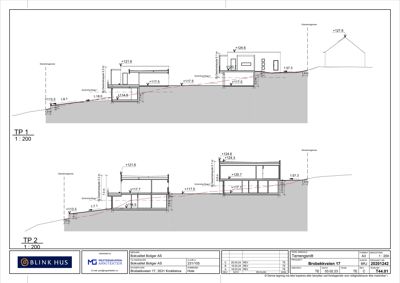 Snittegning (TP 1 og TP 2) som viser bygningens tverrsnitt, høyder og grunnforhold.