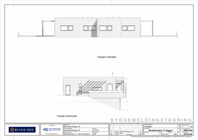 Fasadetegning som viser bygningens utseende fra to vinkler (Nordest og Nordvest) med detaljer om vinduer, dører og takform.
