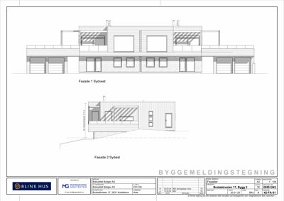 Fasadetegning som viser bygningens utseende fra sydvest (to perspektiver: Fasade 1 og Fasade 2).