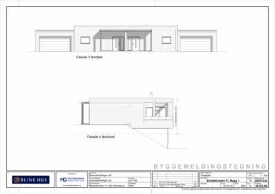 Tegning som viser fasadeoppsett for en bygning sett fra nordøst og nordvest.