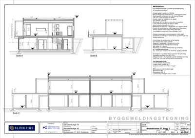 Byggemeldingstegning som viser snittegninger (Snitt A, B og C) av en bygning med mål og konstruksjonsdetaljer.
