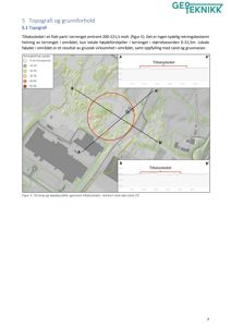 Kart over et tiltakssted som viser topografi, høydeforhold og terrengprofilering.