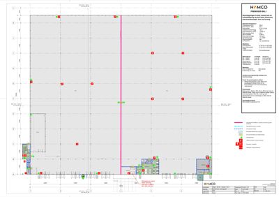 Etasjeplan (1. etasje) for en bygning med romnummerering, dimensjoner og tekniske data.