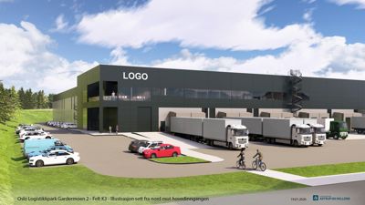 3D-visualisering (rendering) av et logistikkbygg med bilplasseringer og lastebiler.