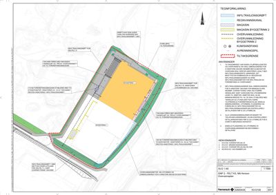 Situasjonsplan som viser tomtens grenser, bygningers plassering (Byggetrinnet 1 og 2), og infrastruktur som regnvannskanaler og overvannsledninger.