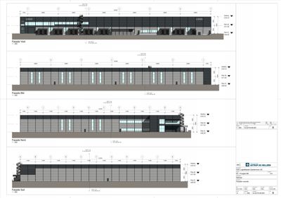 Fasadetegning som viser bygningens utseende fra fire sider (Vest, Øst, Nord, Syd) med mål og høyder.