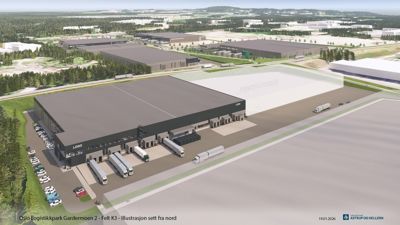 3D-visualisering (rendering) av et logistikkbygg i Oslo Logistikkpark Gardermoen 2, sett fra nord.