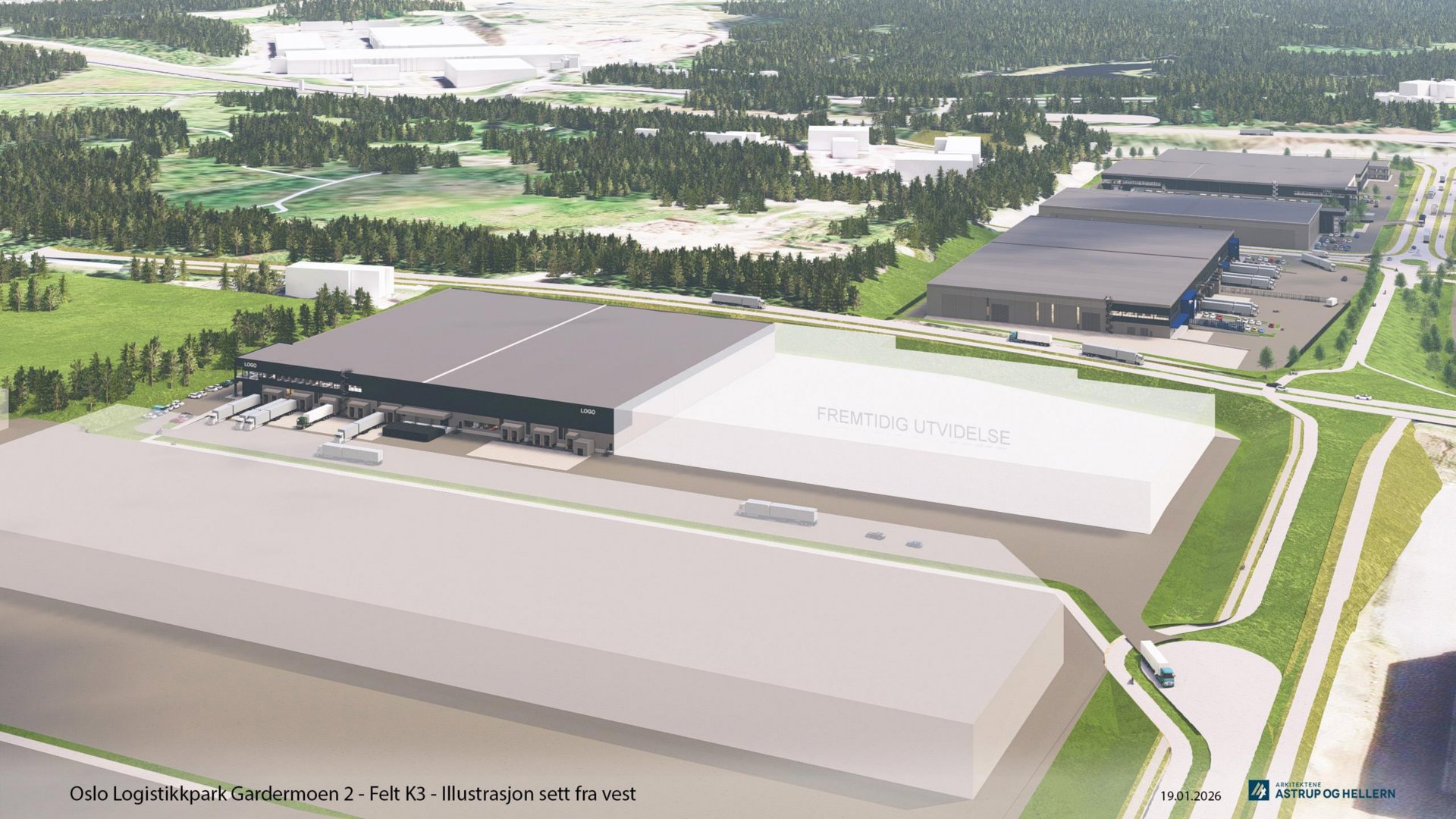 3D-visualisering (rendering) av Oslo Logistikkpark Gardermoen 2, som viser fremtidig utvidelse av et logistikkbygg sett fra vest.