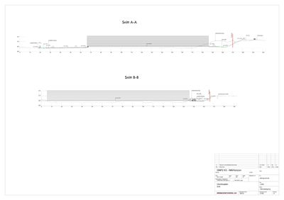 Snittegning (Snitt A-A og Snitt B-B) som viser terrengprofil, grunnvannsnivå og bygningens plassering i forhold til terrenget.
