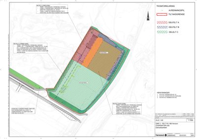 Situasjonsplan som viser tomtens grenser, delområder (Delfelt A, B, C), avrenningsplassering og tiltaksgrense.