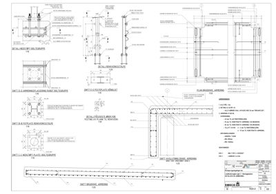 Tegning som viser detaljerte snitt og oppriss av en betongkonstruksjon (brudduke), inkludert armering, festepunkter og dimensjoner.