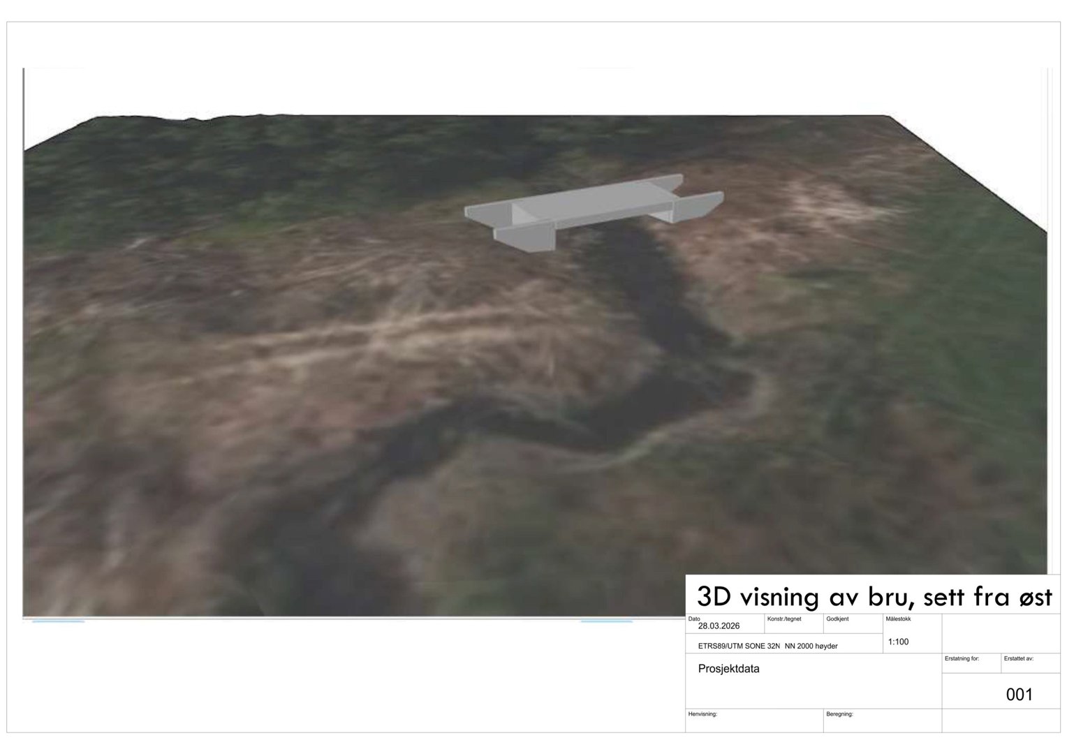 3D-visning av en bro sett fra øst, med bakgrunn som terreng. Bildet har en teknisk tegningsramme med tittel '3D visning av bru, sett fra øst' og prosjektdata.
