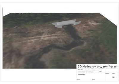 3D-visning av en bro sett fra øst, med bakgrunn som terreng. Bildet har en teknisk tegningsramme med tittel '3D visning av bru, sett fra øst' og prosjektdata.