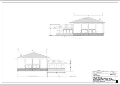 Fasadetegning som viser oppriss av bygningen sett fra nord og syd, med mål og konstruksjonsdetaljer.