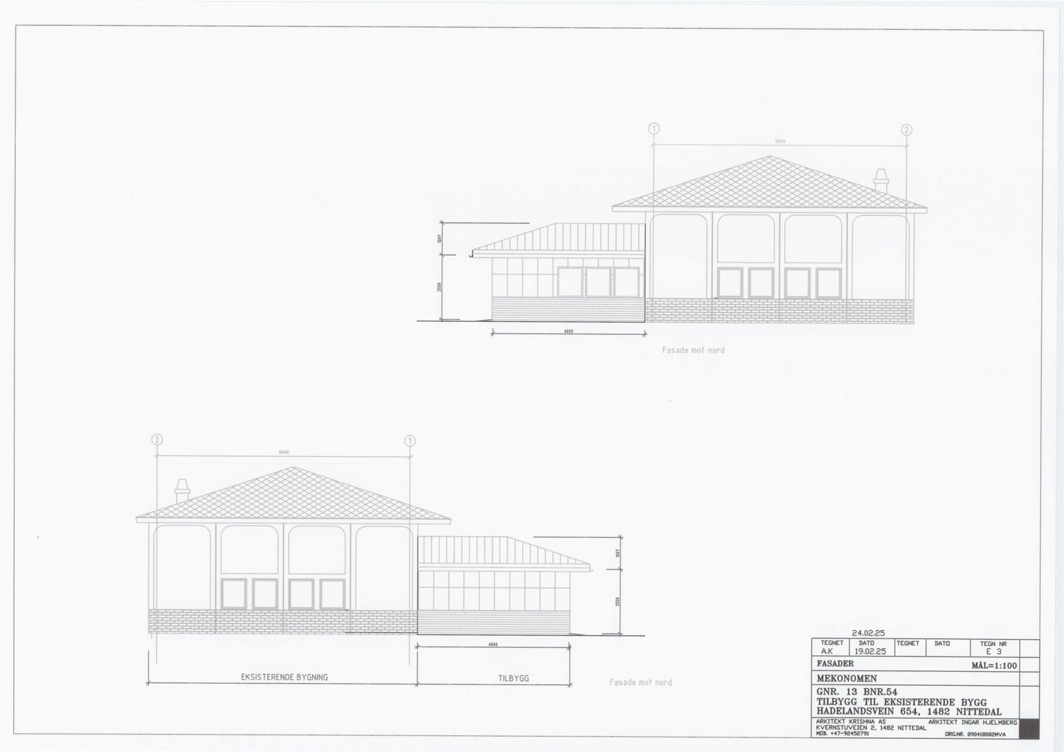 Fasadetegning som viser bygningens utseende sett fra nord, med mål og oppdeling mellom eksisterende og tilbygg.