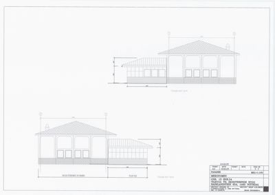 Fasadetegning som viser bygningens utseende sett fra nord, med mål og oppdeling mellom eksisterende og tilbygg.