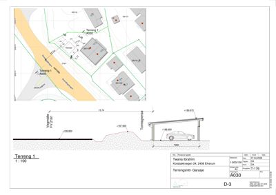 Tegning som viser et snitt gjennom terrenget og en garasje, med høydemål og terrengform.