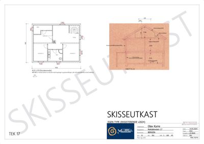 Bildet viser en tegning med etasjeplaner (Kjeller, 1. etg, 2. etg) og et snitt (SNITT A-A) for en eksisterende bygning.