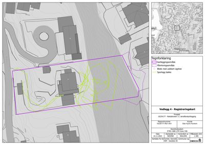 Registreringskart som viser kartleggingsområde, påvirkningsområde, blokk med usikkert opphav og sporlogg bakke.