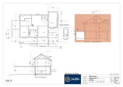 Tegning som viser snitt gjennom en eksisterende bygning (SNITT A-A) og en tilbyggdel (SNITT B-B).