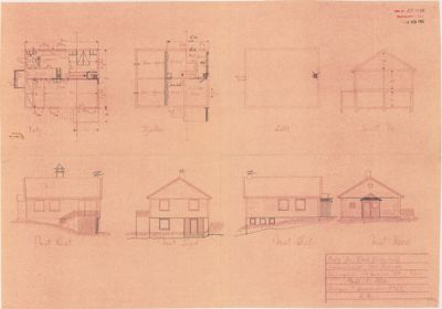 En tegningsside som viser etasjeplaner (1. etg, Kjeller, Løft) og snittegninger (Snitt Vg, Mot Vest, Mot Syd, Mot Øst, Mot Nord) for en bolig.