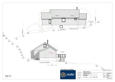 Fasadetegning som viser bygningens utseende sett fra to sider (mot nord og mot øst) med mål og grenser.