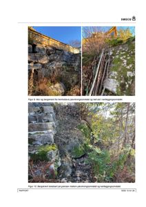 Fotografier av en steinmur og bergskrent i et utendørs miljø, inkludert vegetasjon og en bygning i bakgrunnen.