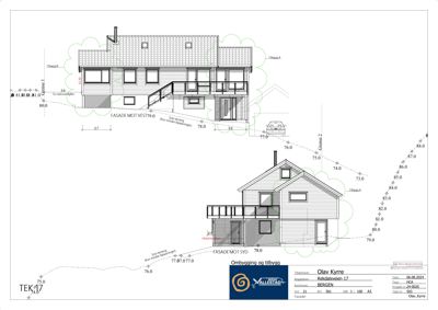 Fasadetegning som viser bygningens utseende fra to sider (vest og syd) med mål, høyder og grenser.