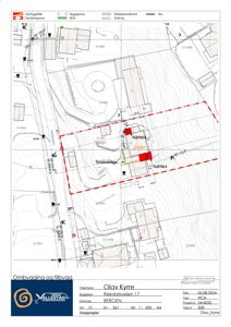 Situasjonsplan som viser tomtens beliggenhet, grenser, nabobebyggelse og topografi.