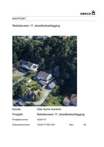 Luftfoto av tomt med hus og skog, inkludert SWECO-logo og dokumentinformasjon.
